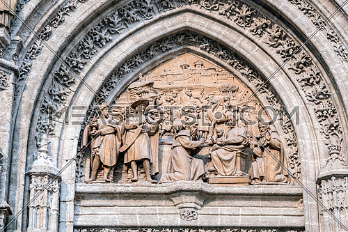 Sevilla, SPAIN - September 9, 2017: Adoration of the magicians adoring the child god, placed in the called "Puerta de Palos" realized in mud, in the cathedral of sevilla, Spain