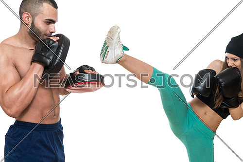 Young Muscular Couple In Gloves With A Naked Torso Boxing -  Isolated On White Background