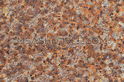 Old vintage bright rust stains of corroded surface over grey steel metal sheet