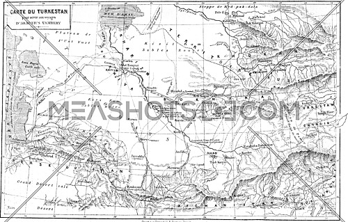 Map of Turkestan, vintage engraved illustration. Le Tour du Monde, Travel Journal, (1865).