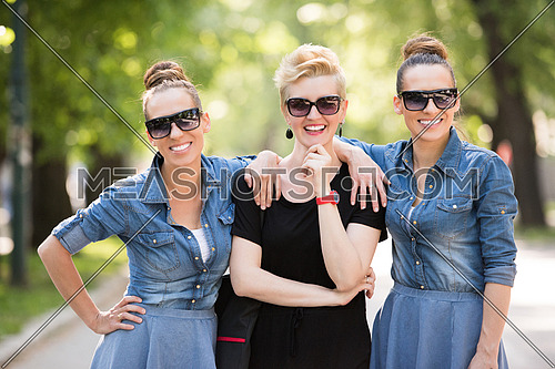 portrait of three young beautiful woman with sunglasses. twin sisters enjoy with a girlfriend in a sunny day in the park