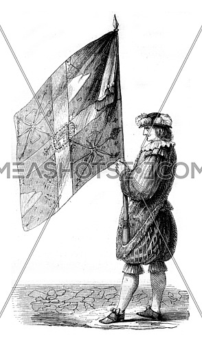 Flag of the Hundred Swiss, vintage engraved illustration. Magasin Pittoresque 1845.