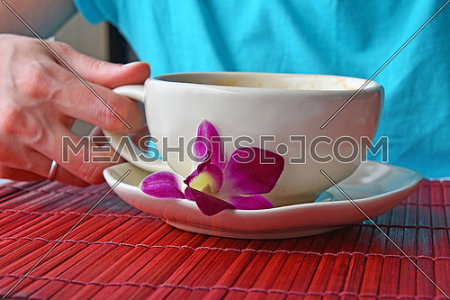 Woman hand holding latte coffee cup with orchid flower at porcelain saucer