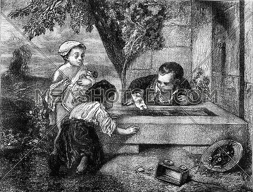 Little Mariners, a watercolor painting by Decamps. Drawing by Jules Laurens. Found at the Louvre Museum in Paris, France. From Magasin Pittoresque, vintage engraving, 1878.