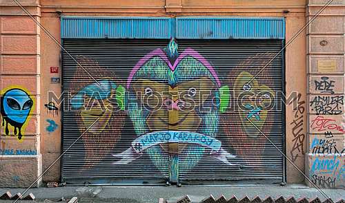 Istanbul, Turkey - April 18, 2017:  Closed shop exterior with metal door covered with colorful graffiti at Hoca Tahsin Street, Karakoy district, Istanbul, Turkey