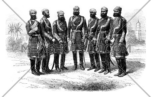 Seven officers of the irregular cavalry of Punjab, vintage engraved illustration. Magasin Pittoresque 1857.