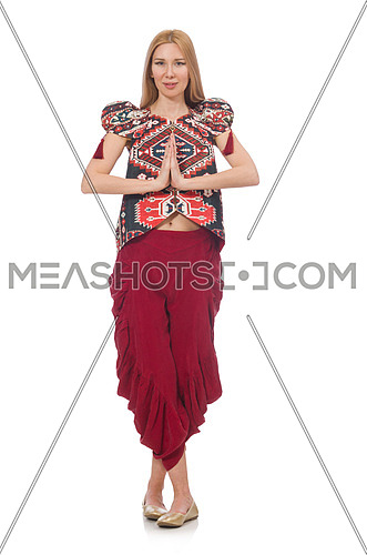 Woman in Azerbaijani ornament clothing isolated on white