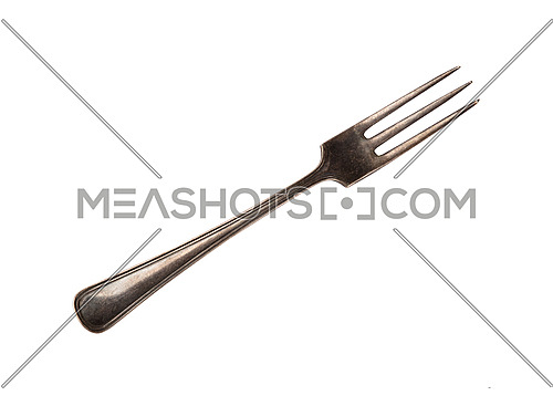 Close up one old vintage metal fork isolated on white background, elevated top view, directly above