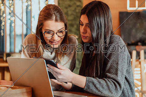 One-on-one meeting.Two young business women sitting at table in cafe. Girl shows colleague information on laptop screen. Girl using smartphone, blogging. Teamwork, business meeting. Freelancers working.