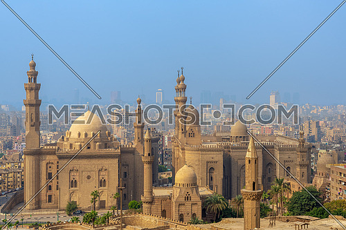 Aerial view of Cairo city from Salah Al Deen Citadel (Cairo Citadel) with Al Sultan Hassan and Al Rifai Mosques, Cairo, Egypt
