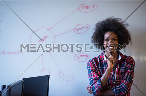 Young successful African American beautiful woman writes on a board meeting in a large modern office