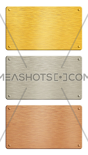 Close up three studded metal badge plates (golden, silver and copper) isolated on white background