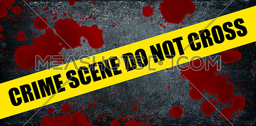 Close up yellow police barricade tape with crime scene do not cross words over blood stains splattered on dark grey stone background
