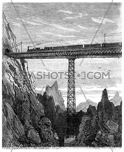 Adventures of an heir worldwide, On the train, Bridges dizzy, vintage engraved illustration. Journal des Voyage, Travel Journal, (1880-81).