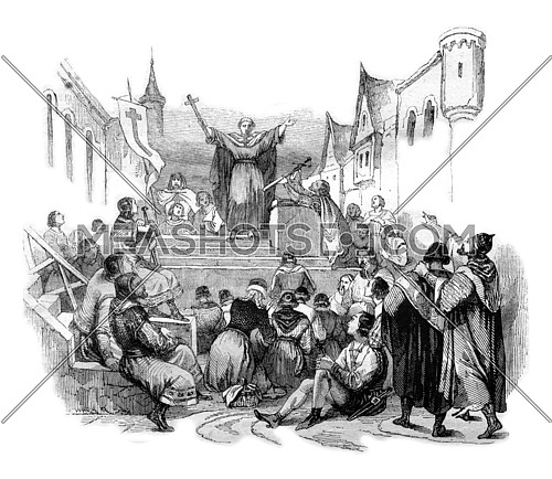 Peter the Hermit preached the First Crusade, vintage engraved illustration. Magasin Pittoresque 1844.