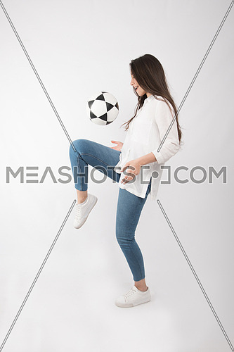 A young woman holding football world cup fan concept