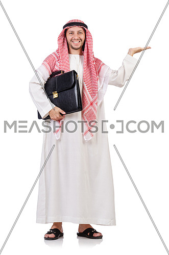 Arab businessman  with briefcase holding hands   isolated on white