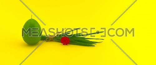 Minimalistic style Easter banner with egg shaped candle and bundle of wheat seedlings tied with linen twine on yellow background with free copy space for your text