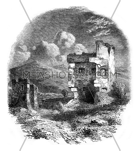 Ruins of the fortress Schlossberg, vintage engraved illustration. Magasin Pittoresque 1847.