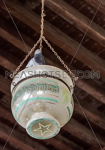 ELHakem Mosque glass lamp hanging from the wooden ceiling