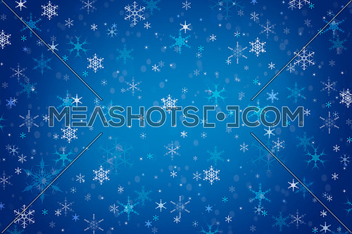 Abstract dark indigo blue Christmas holiday winter background of falling snow bokeh and snowflakes