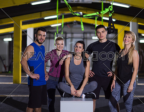 portrait of young healthy athletic people training jumping on fit box at crossfitness gym