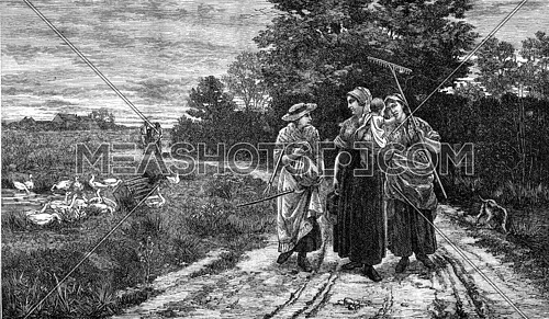 Harvesters returning field a summer evening, vintage engraved illustration. Magasin Pittoresque 1880.