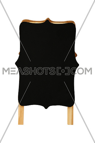 Close up one small shaped empty blank clean black chalkboard sign stand isolated on white background, low angle front view