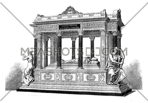 The Tomb of General Lamoriciere, at the Cathedral of Nantes, vintage engraved illustration. Magasin Pittoresque 1880.