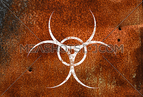 White biohazard warning sign painted over grunge red rusty corroded metal wall background with copy space