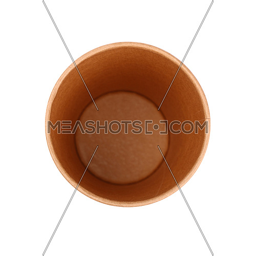 Close up one big empty brown paper coffee to go cup isolated on white background, elevated top view, directly above