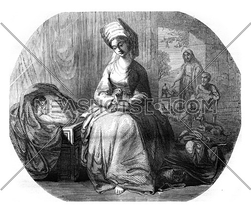 Golden age, On the table after Benjamin West, vintage engraved illustration. Magasin Pittoresque 1846.