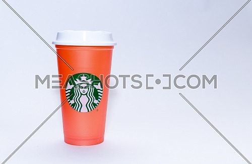 A colored Starbucks cup. December 2018 in Cairo - Egypt.
