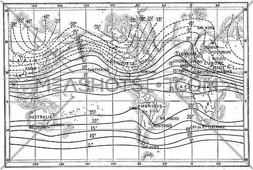 Map of isothermal lines or isothermals of winter,, vintage engraved illustration. Dictionary of words and things - Larive and Fleury - 1895.