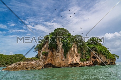 Los Haitises National Park nicknamed the Caribbean's Halong Bay is home to mangroves, caves, a rich tropical forest, multicolored tropical birds and manatees. The coast is dotted with small islets where frigates and pelicans nest. South of the Samana peninsula, Dominican Republic.