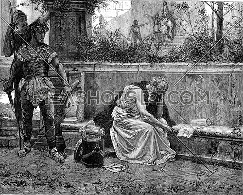 The Death of Archimedes, vintage engraved illustration. Magasin Pittoresque 1877.