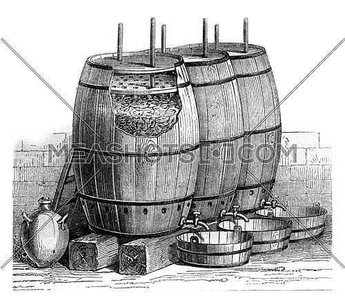 Preparing vinegar, vintage engraved illustration. Magasin Pittoresque 1869.