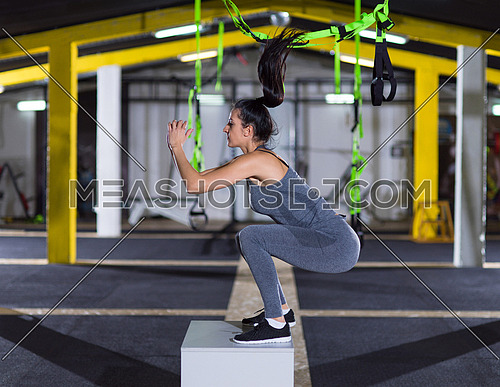 young athletic woman training  jumping on fit box at crossfitness gym