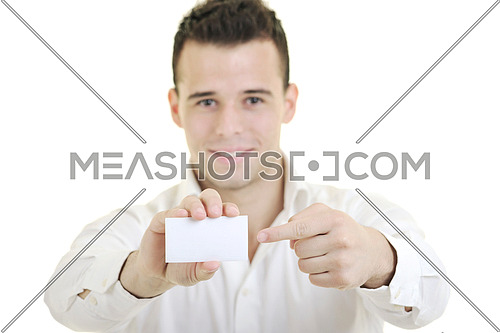 happy young business man with empty card isolated on white