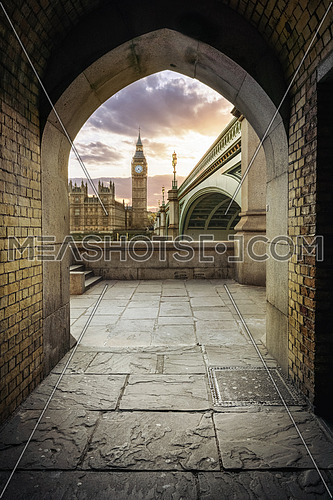 Westminster Pedestrian Tunnel in London showing the london clock tower bigben