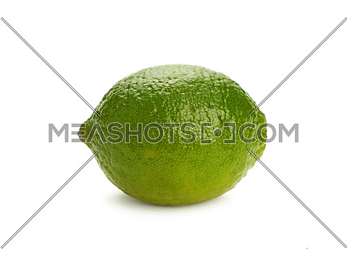 Close up one whole fresh green lime fruit isolated on white background, low angle side view