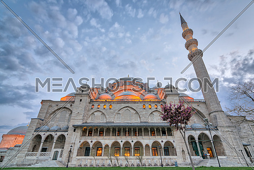 Exterior low angle shot of Suleymaniye Mosque before dusk. An Ottoman imperial mosque located on the Third Hill of Istanbul, Turkey, and the second largest mosque in the city. built in 1557