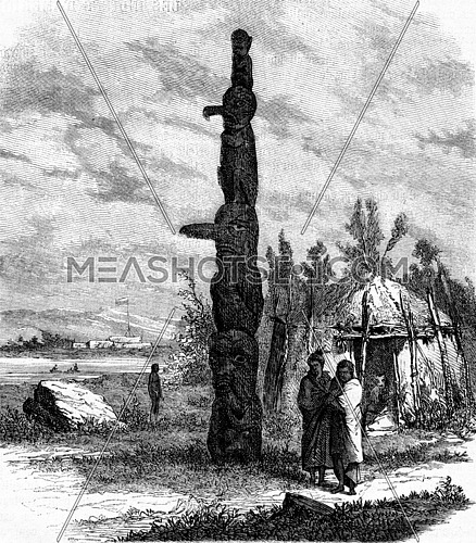 Indian sculptures of America, Piher wooden, stacked figures, at Fort Simpson, North America, vintage engraved illustration. Magasin Pittoresque 1873.