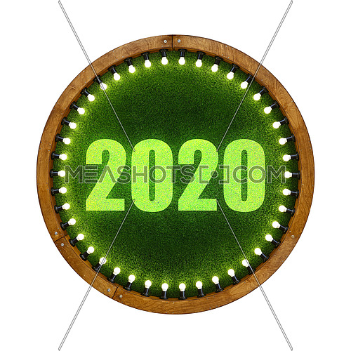 Close up 2020 sign over round shape wooden ring light frame with lightbulbs and backdrop of illuminated vivid green plastic artificial grass, isolated on white background