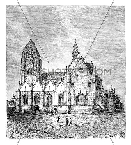 St. Leonard's Church, Zoutleeuw, Belgium, drawing by Clerget based on a photograph, vintage illustration. Le Tour du Monde, Travel Journal, 1881