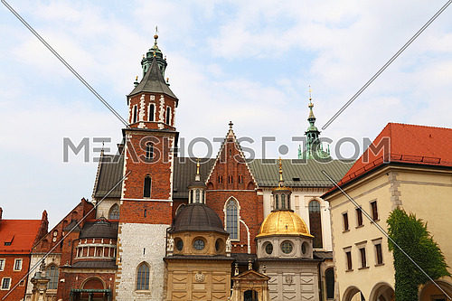 Front view of medieval Cathedral of Wawel Royal Castle, one of most popular tourist attractions and landmarks in Krakow, Poland