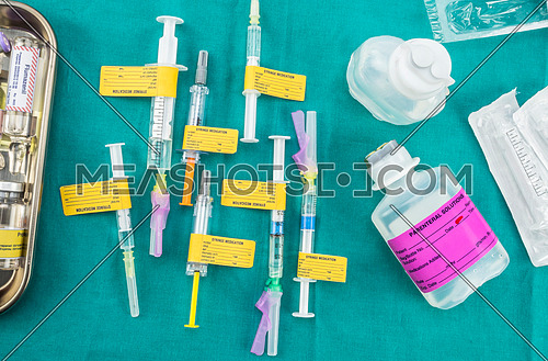 Preparation of medication injection in hospital, Syringes with labels, conceptual image horizontal composition