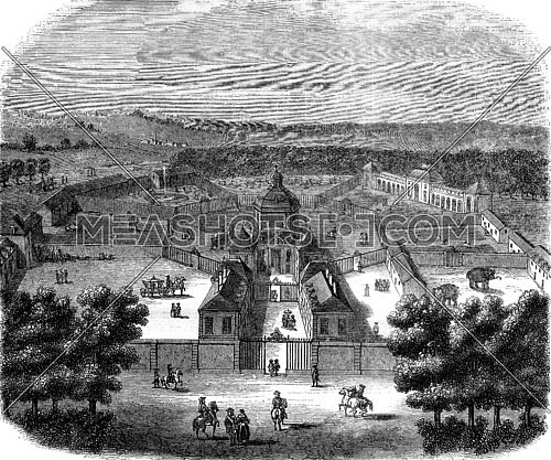 View of the ancient Menagerie, Versailles, vintage engraved illustration. Magasin Pittoresque 1845.