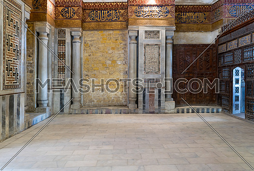 Interior view of decorated marble walls surrounding the cenotaph in the mausoleum of Sultan Qalawun, part of Sultan Qalawun Complex built in 1285 AD, located in Al Moez Street, Old Cairo, Egypt