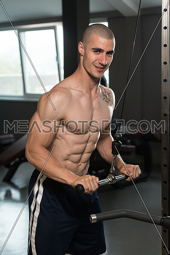 Young Muscular Fitness Bodybuilder Doing Heavy Weight Exercise For Triceps In The Gym